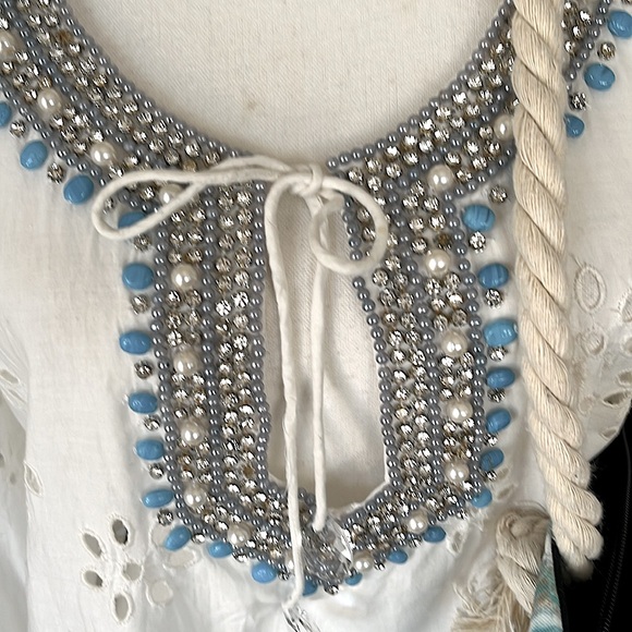 Kareena White Eyelet Coverup Multi Rows of Embellishments Beads Rhinestones Sz L - Picture 2 of 6